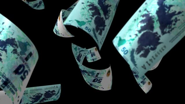 ARS. Falling  Argentine peso banknote packs  loop money with alpha channel.  Concept background of economy, banking, business, crisis

