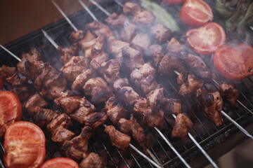 fried tomatoes peppers and garlic on the grill. Barbecue. Shish kebab and grilled peppers on hot grill. Turkish style meat shish kebab on barbecue