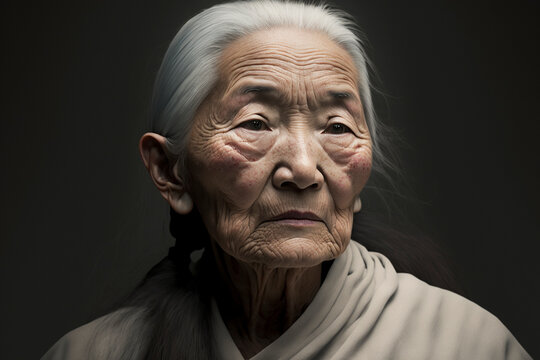Close-up portrait of a mature Tibetan / Asian woman with long hair on a dark background, not based on a real person, Generative AI