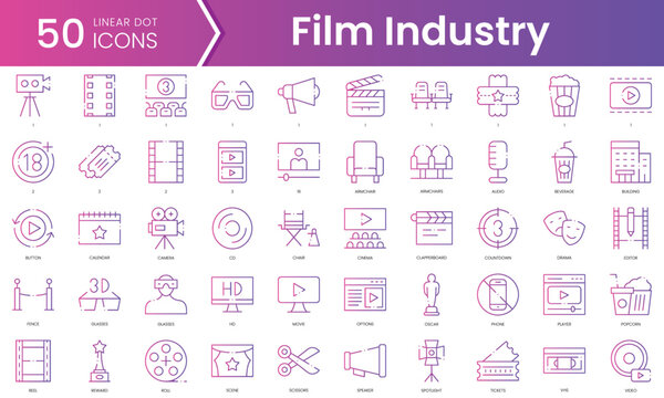 Set of film industry icons. Gradient style icon bundle. Vector Illustration