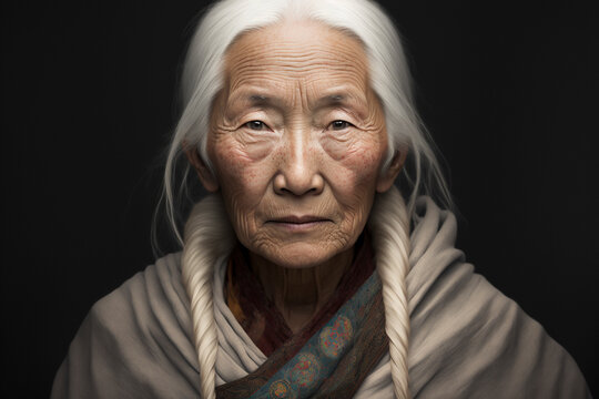 Close-up portrait of a mature Tibetan / Asian woman with long white hair on a dark background, not based on a real person, Generative AI