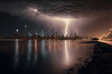 Naklejka na ściany i meble a lightning storm is seen over a city at night with a long exposure of lightening and a streak of lightening over the city skyline and the water below it is a city skyline. Generative AI