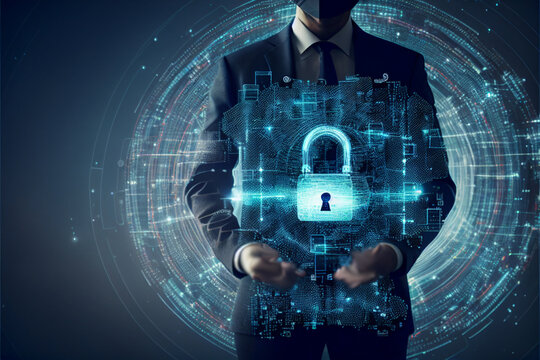 Cybersecurity illustration of businessman with a high-tech padlock and electronic online information symbols/graphics illustrating internet information/security.