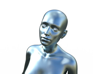 3d illustration of a female bald silver head on a white background. Metal mannequin.