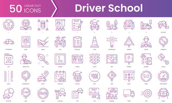 Set of driver school icons. Gradient style icon bundle. Vector Illustration
