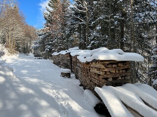 Winter snow idyll along the rural alpine road above the Lake Walen or Lake Walenstadt (Walensee) and in the Swiss Alps, Amden - Canton of St. Gallen, Switzerland (Schweiz)