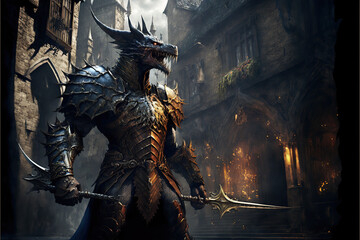 dragon man with armor, warrior creature