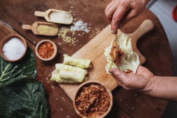 Lahana Sarma, Turkish traditional food,a boiled cabbage leaf that is formed into a roll with a stuffing of rice