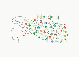 The face of a woman, a girl with long hair with flowers. Spring, text, greeting. Silhouette, abstract portrait of a young woman,  springtime. Vector illustration with lettering.