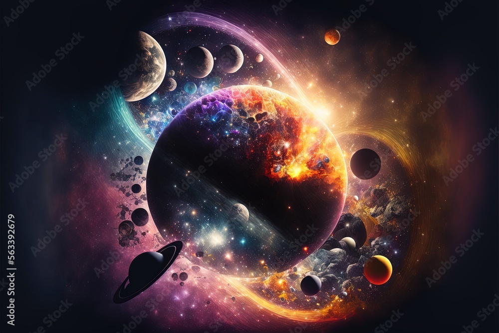 Wall mural  a space scene with planets and stars in the background, and a black background with a blue and yellow hued sky and a red and yellow hued area with a black circle with a.  Generative AI