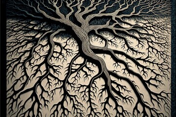  a tree with a lot of branches on it is shown in black and white colors, with a black background and a black frame around it is a picture of a tree with a large,.  Generative AI