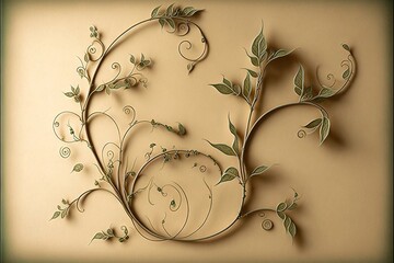  a decorative metal wall hanging with vines and leaves on it's side, against a beige background, with a green border around the edges of the wall and a green border of the.  Generative AI