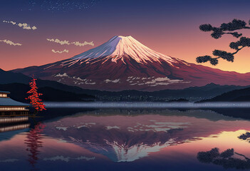 Fototapeta na wymiar ai midjourney generative illustration of mountain fuji in anime style