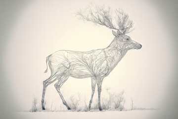  a deer with a lot of branches on its back and antlers on its back, standing in a field of grass and snow, with a light gray background, with a white sky.  Generative AI