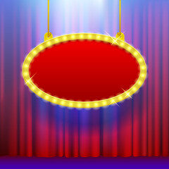 Suspended red oval party signboard with shining yellow frame on a curtain background in blue light