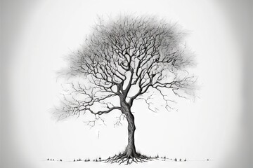  a tree with no leaves is shown in black and white, with a gray background and a white sky behind it, and a snow - covered ground area with a few small bushes and a few.  Generative AI