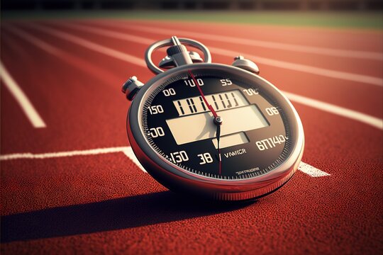  a close up of a stopwatch on a track with a red background and white numbers on it, with a red line running across the top of the field and a red area with white line.  Generative AI