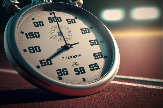  a close up of a clock on a tennis court with a blurry background of the court and the numbers on the clock face are white and red and black numbers on the clock face.  Generative AI