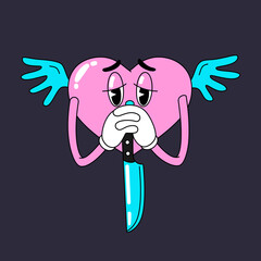 Heart character in trendy retro cartoon design. Valentine's day concept in fun 90s, 00s aesthetic. Sad heart with wings holding knife. Groovy funky style.