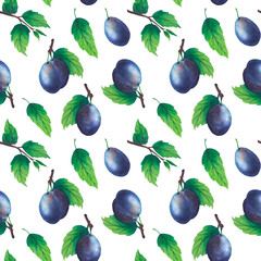 Pattern of watercolor plum tree branches with green leaves and fruits