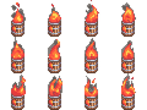 Pixel art wooden wood barrel fire spritesheet city object medieval rustic set concept with metal detail transparent background