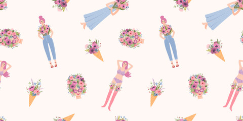 Seamless pattern with cute women. Vector design concept for Happy Women s Day and other