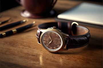  a watch sitting on a table next to a pen and a cup of coffee and a pen and pencils on a table top of a wooden table with a pen and a pen and a cup.