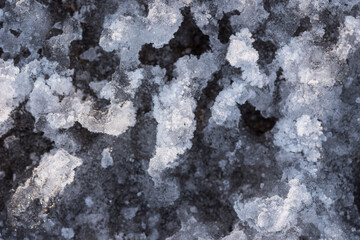 Snow as background, closeup view. Winter weather. Spring grainy blue snow background