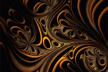  a computer generated image of a swirly pattern in gold and black colors, with a black background and a black background with a gold and white border with a black and white border. Generative AI
