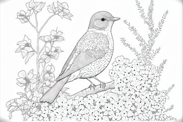  a bird sitting on a branch with flowers and plants around it, in a coloring book page with a border of flowers and a bird on the branch with a white background of the line. Generative AI