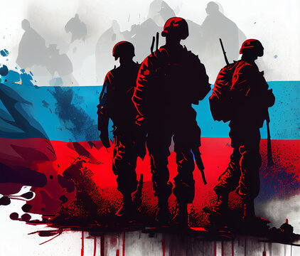 Military russian army soldiers, russian flag, russia silhouettes illustration high resolution generative ai