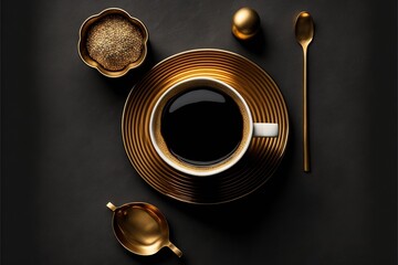  a cup of coffee and a spoon on a black tablecloth with gold accents and a spoon and spoon rest on the plate next to the cup and the spoons are gold - shaped.  Generative AI