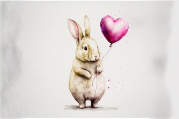  a rabbit holding a heart shaped balloon in its paws, with a pink heart on it's tail, on a white background with a gray background with a white border and a pink border. Generative AI