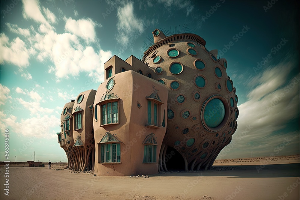 Poster a building with a giant shell like structure on top of it's roof and windows on the side of it, in t