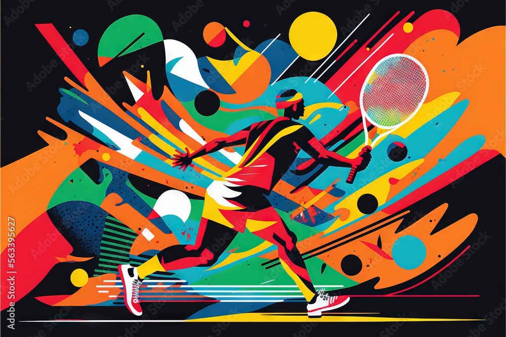 Poster a person running with a tennis racket in their hand and a colorful background behind them that inclu