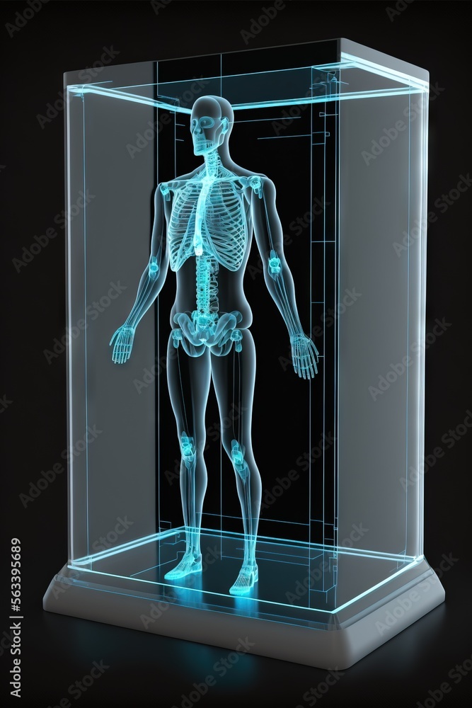 Poster a 3d image of a human skeleton in a glass case with a black background and a blue light behind it th