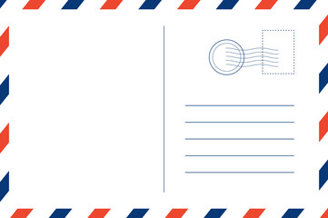 Obraz premium Mail envelope with postage stamp, postage card. Empty postcard template. Design of blank post card back