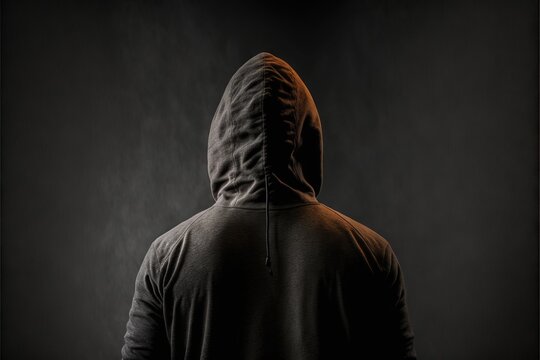  a man in a hooded sweatshirt is facing away from the camera with a black background and a black background behind him is a dark room with a light and a black area with a light. generative ai