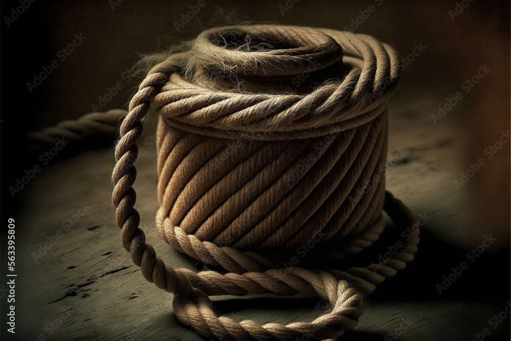 Poster a rope is on a wooden table with a knot on top of it and a rope on the ground next to it, with a bla