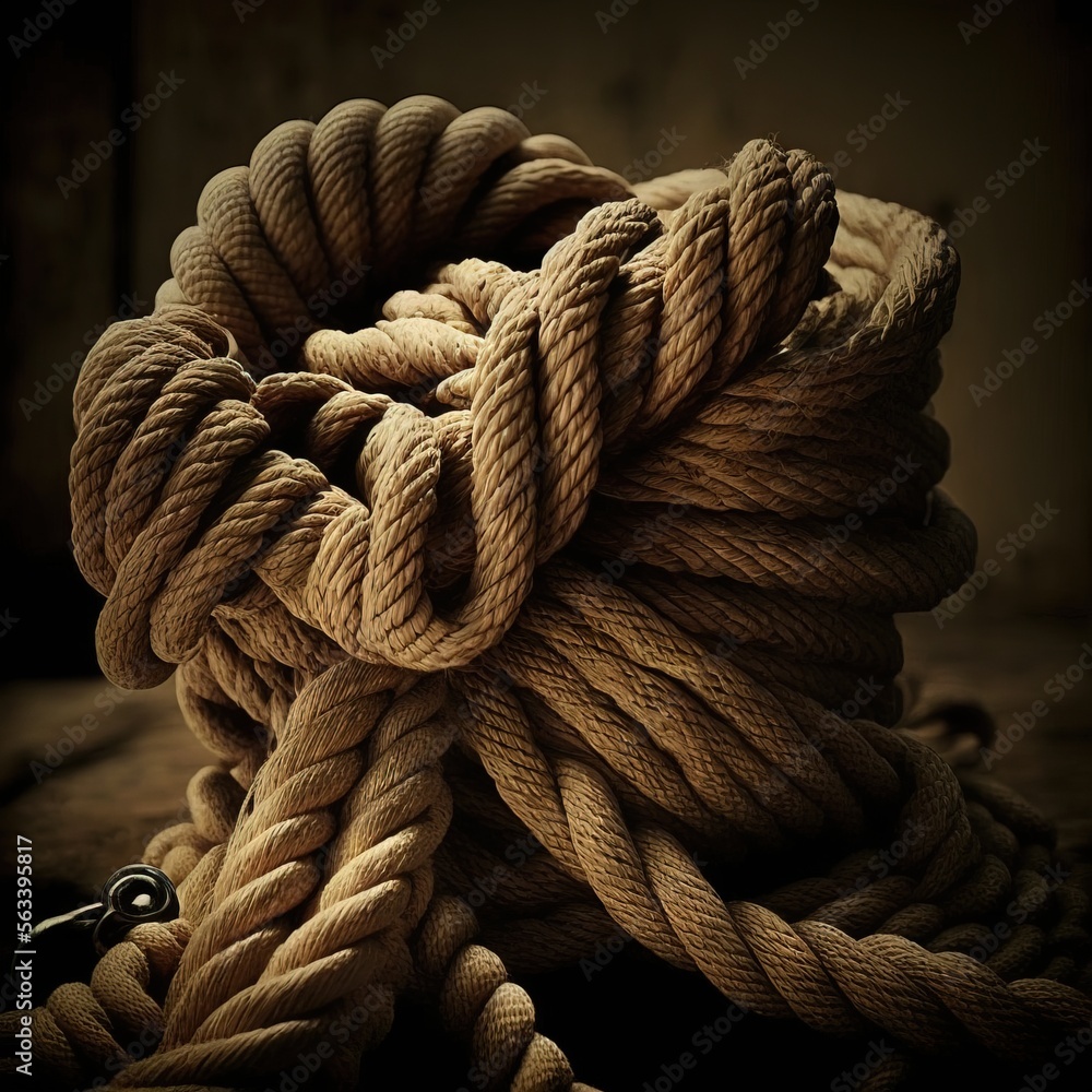 Poster a rope is piled on top of each other on a table top with a black hook on it and a black hook on the 