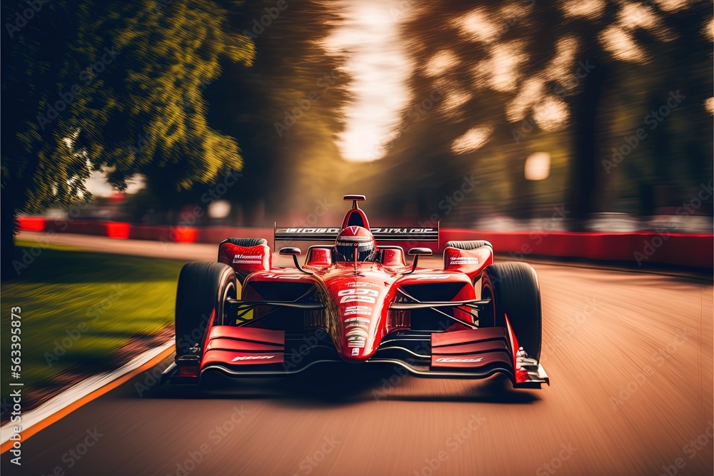 Poster a red race car driving down a road with trees in the background and a blurry image of the front of t