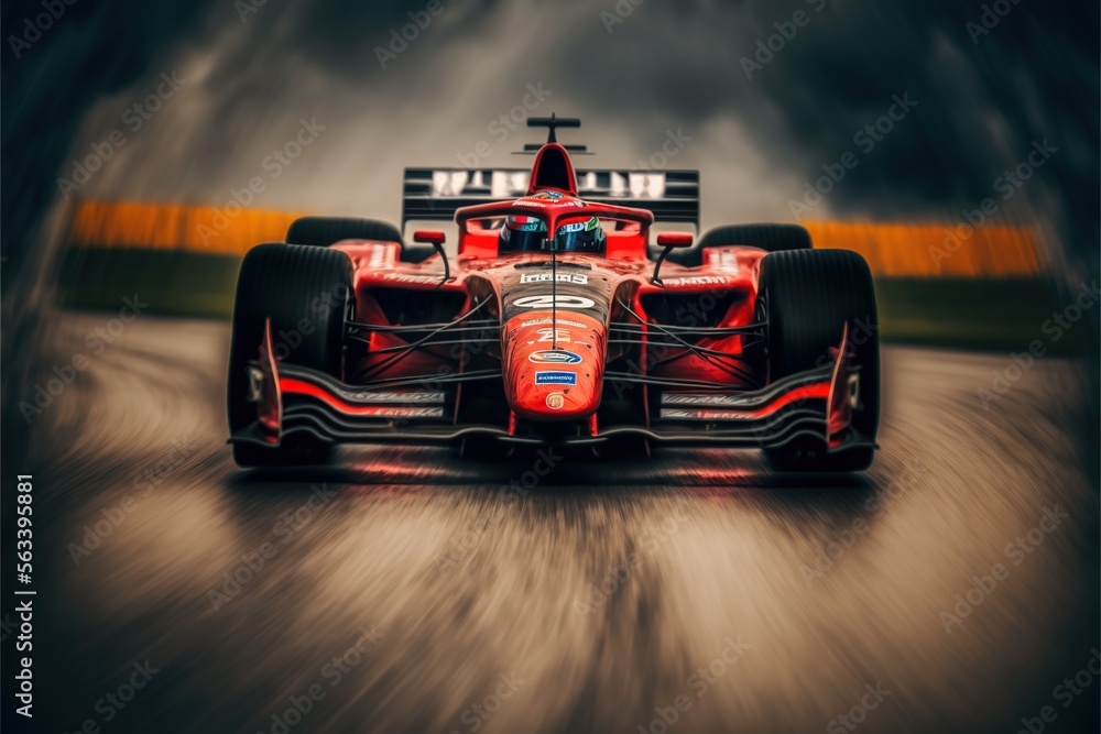 Poster a red race car driving down a track with a dark sky in the background and a blurry image of the fron