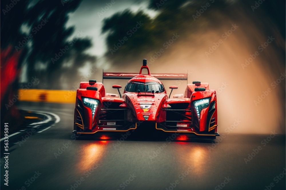 Poster a red race car driving down a road with trees in the background and a dark sky in the background wit