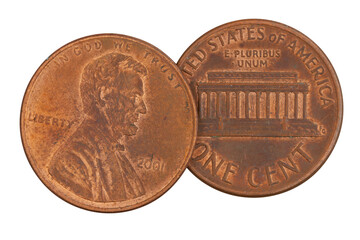 Close-up of two USA pennies isolated on white