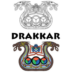Viking Drakkar. Drakkar ship , vector illustration, isolated on black.