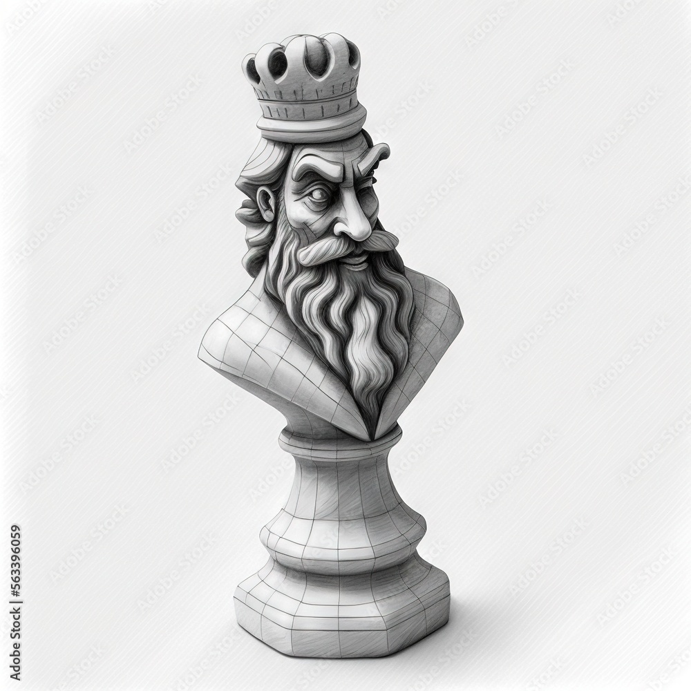 Poster a statue of a man with a crown on top of it's head and a beard on top of a chess piece with a white 