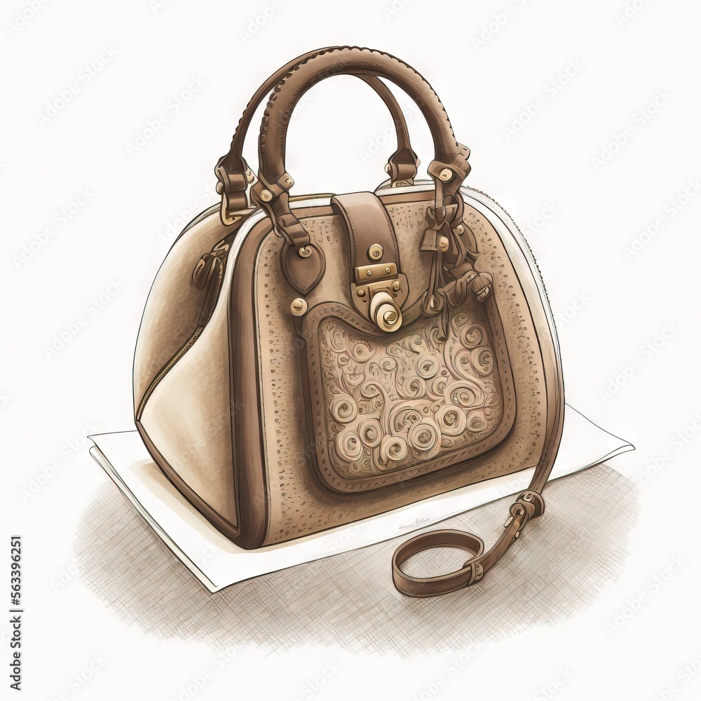 Poster a drawing of a purse on a white background with a brown handle and a brown strap on the bottom of th