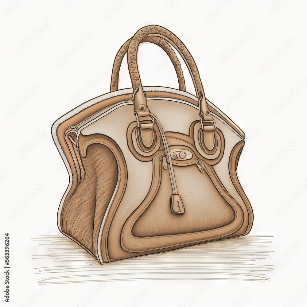 Poster a handbag with a handle and a handle on it, drawn in pencil and colored pencils on a white backgroun