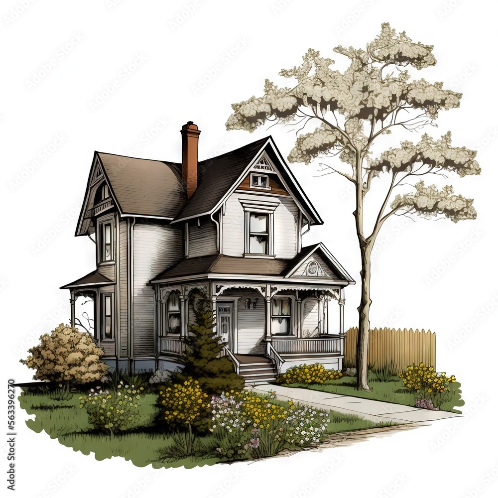 Poster a house with a tree and bushes in front of it and a sidewalk in front of it and a tree in the front 
