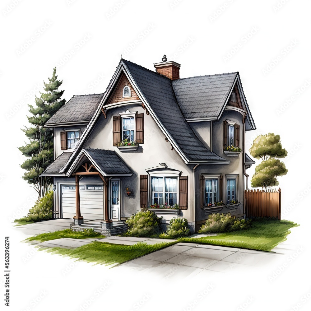 Aufkleber a house with a large front yard and a fence around it and a tree in the yard and a fenced in yard be